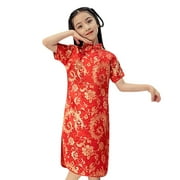 Girls Chinese Dress New Year Clothing Little Girl Cheongsam Dresses Floral Short Sleeve Traditional Clothes Birthday Party Outfits Red 5-6 Years